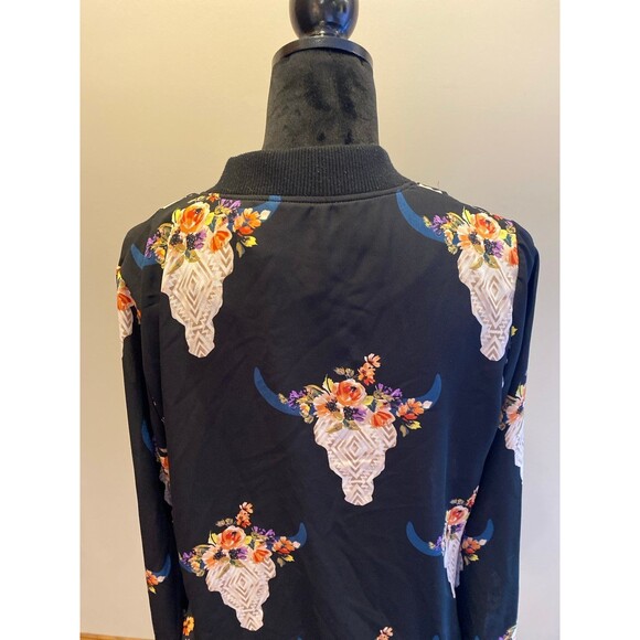 Fab’rik Bomber Jacket Size Medium Bison Head Floral Full Zip Front Lightweight - Picture 7 of 11